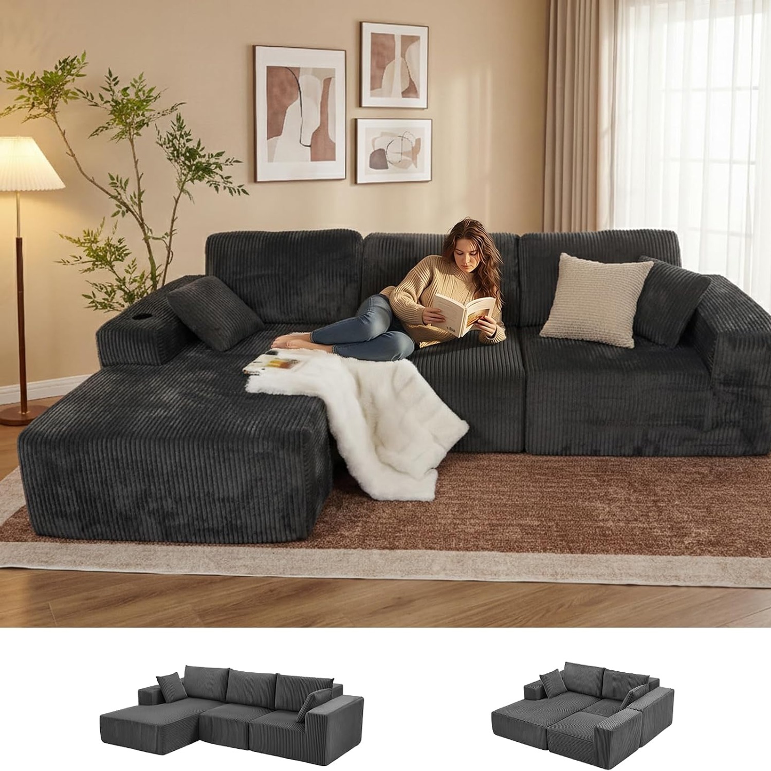 A gray L shaped modular lounge with a chaise in a bright living room