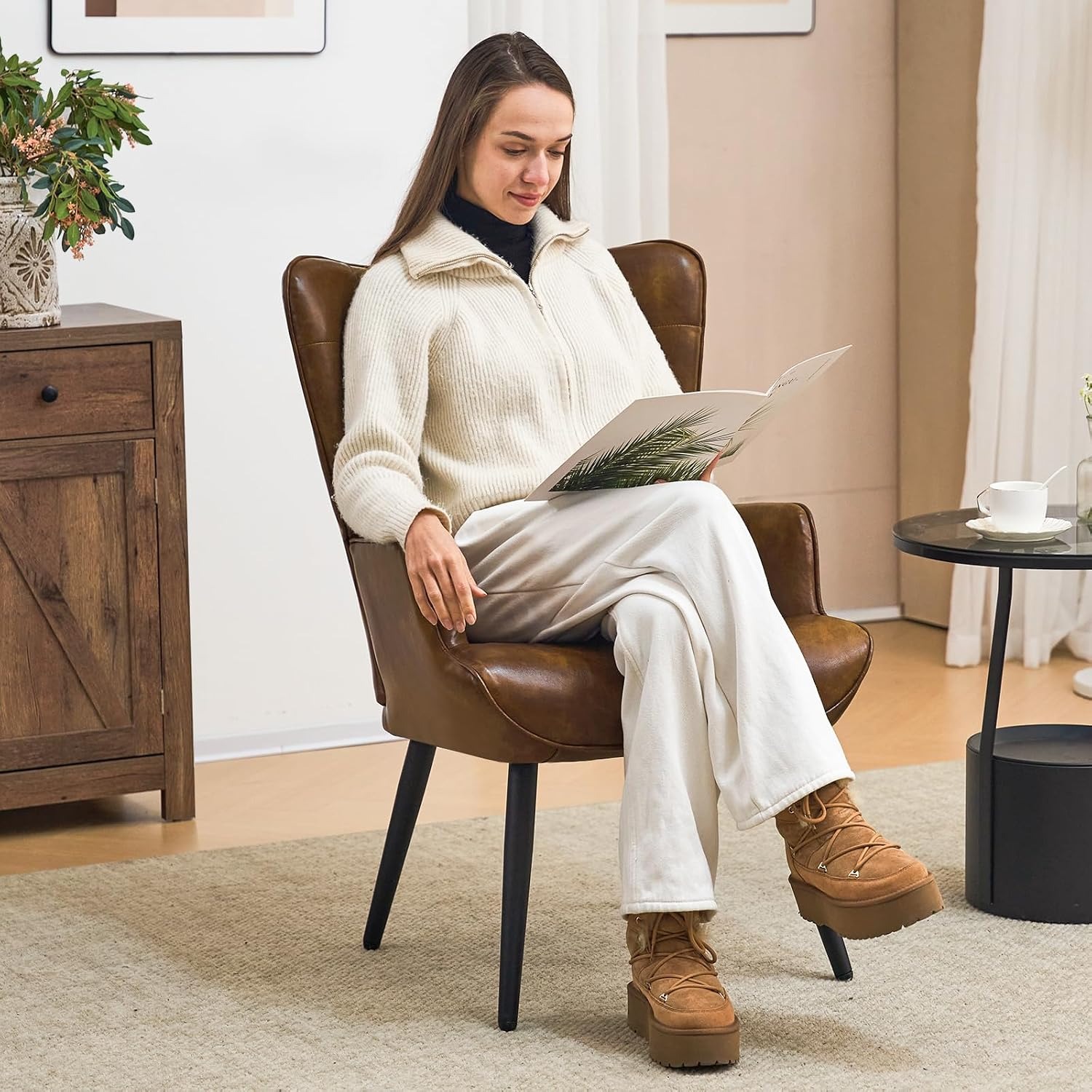Furniliving Brown Faux Leather Wingback Armchair: image 4