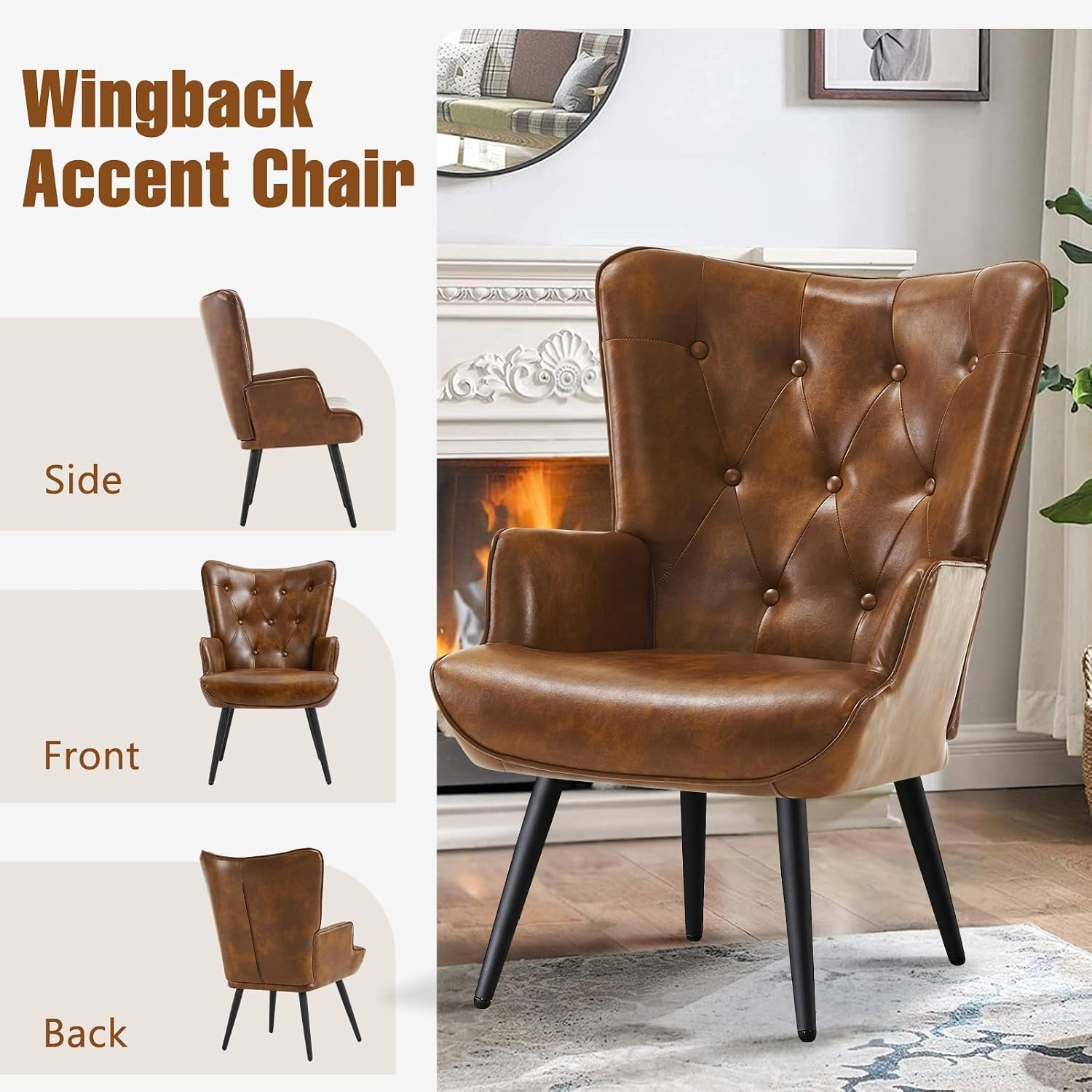 Furniliving Brown Faux Leather Wingback Armchair: image 7