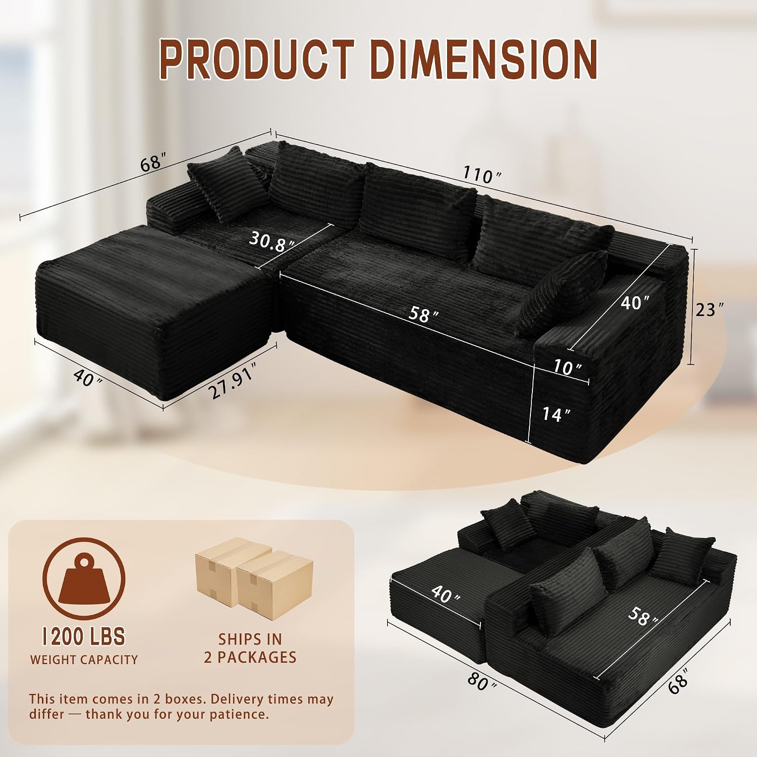 Korser L-Shaped Corduroy Sectional Sofa
