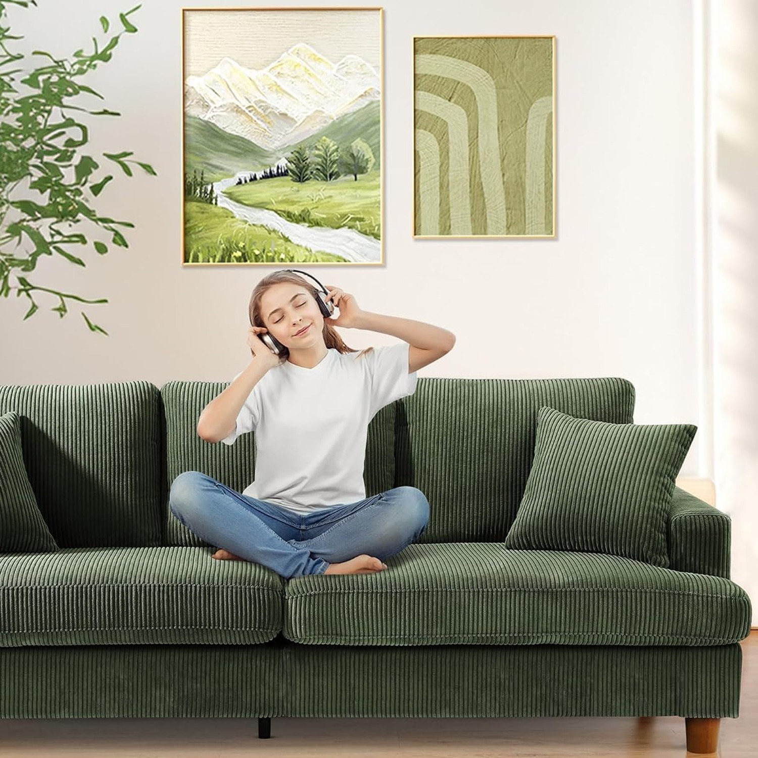 Kidirect 87-Inch Green Corduroy Three Seater Sofa: image 1