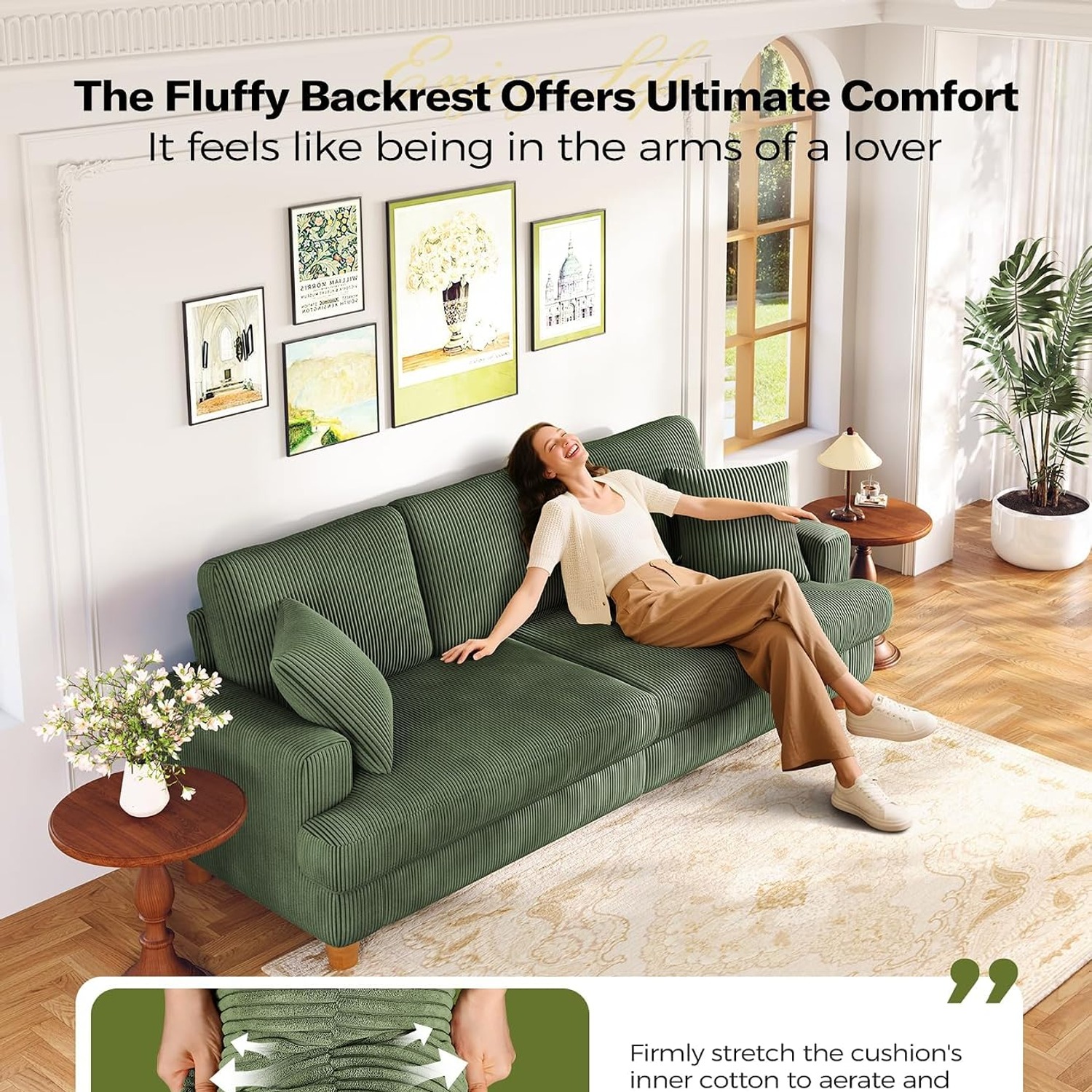 Kidirect 87-Inch Green Corduroy Three Seater Sofa