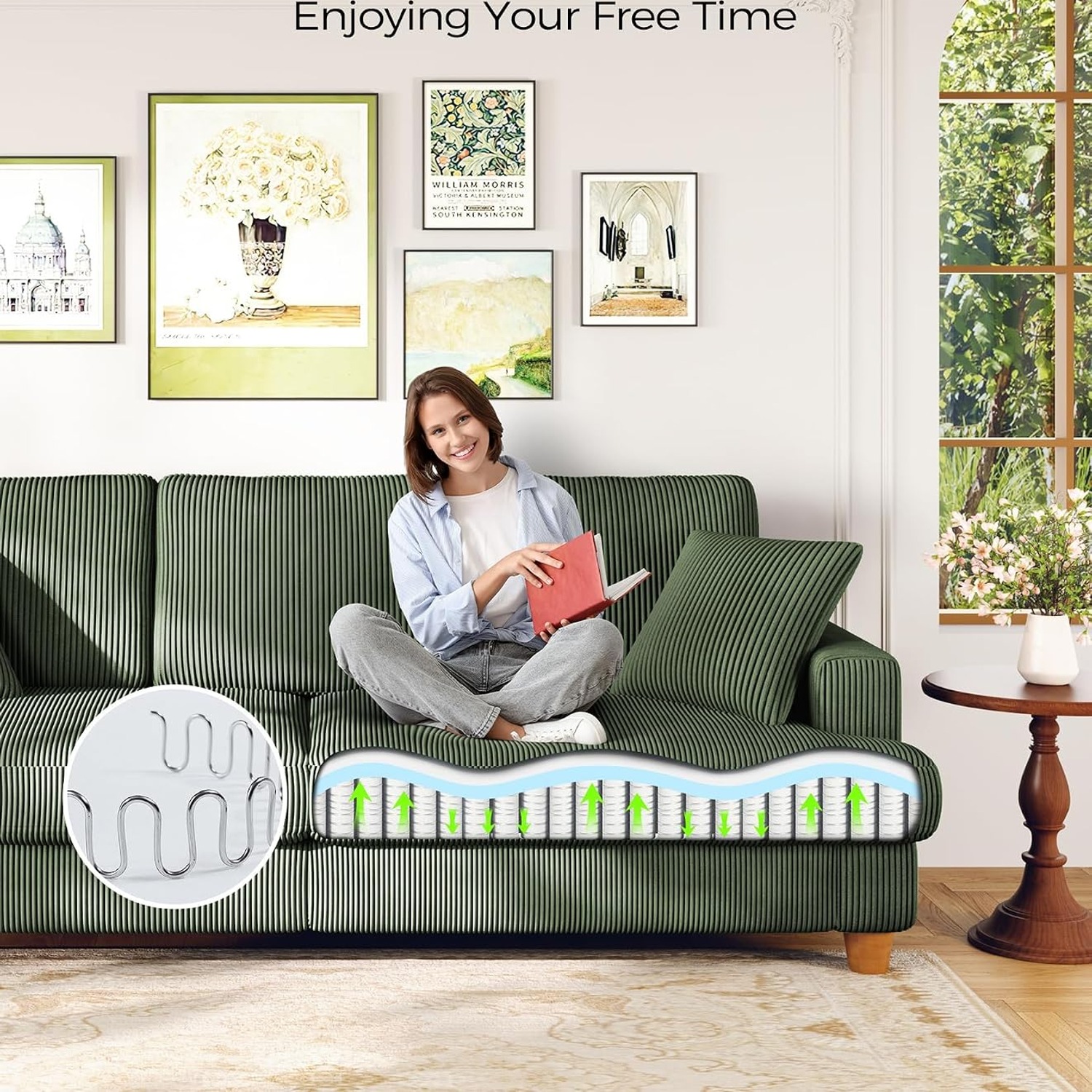 Kidirect 87-Inch Green Corduroy Three Seater Sofa