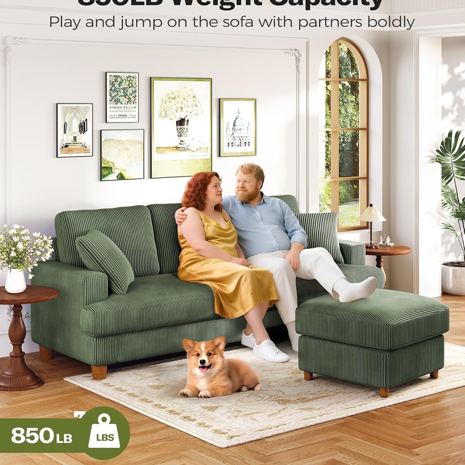 Kidirect 87-Inch Green Corduroy Three Seater Sofa