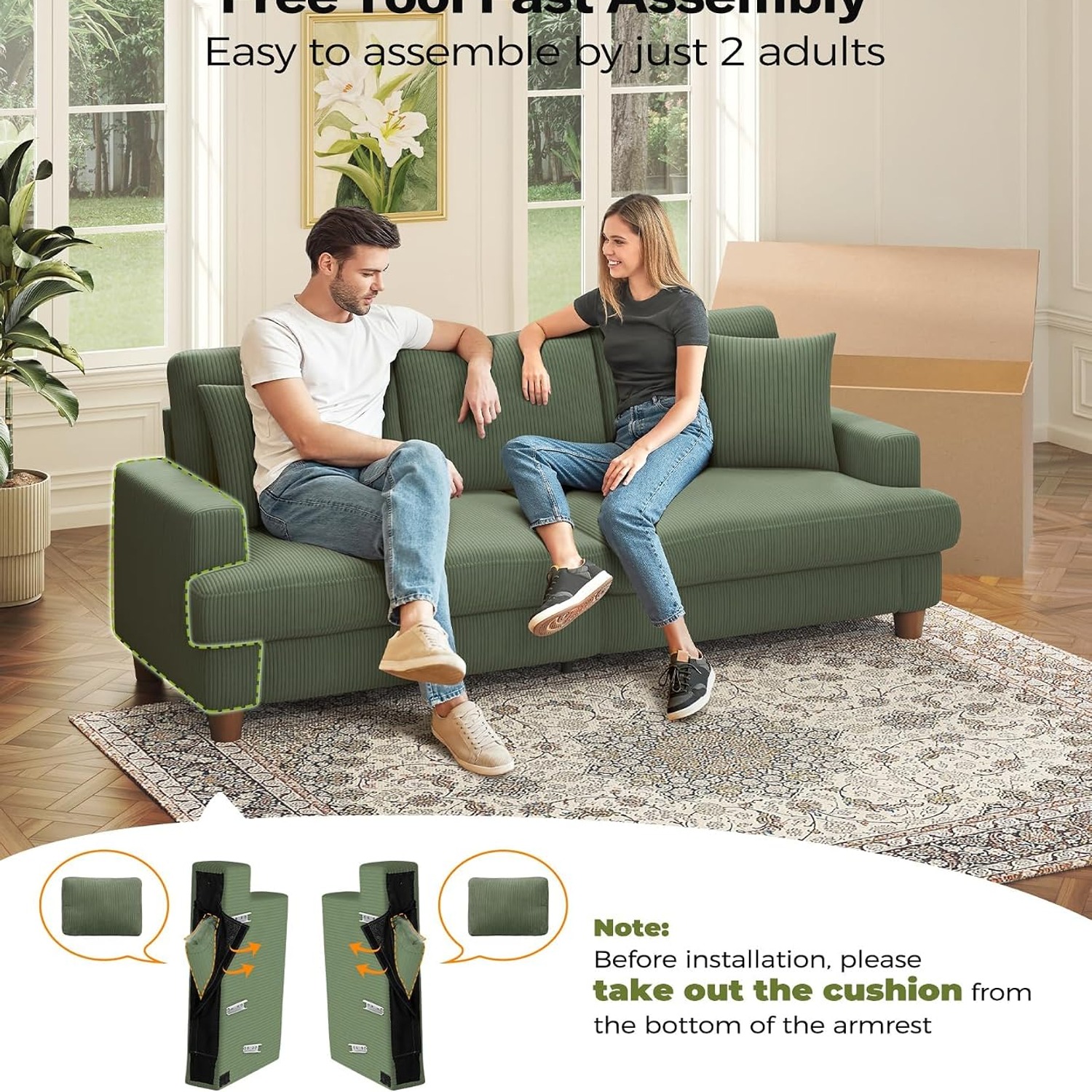 Kidirect 87-Inch Green Corduroy Three Seater Sofa: image 8